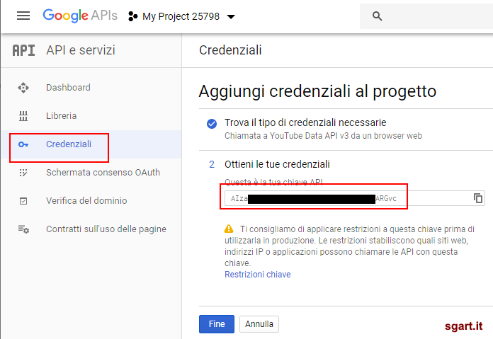 aggiungi credenziali API